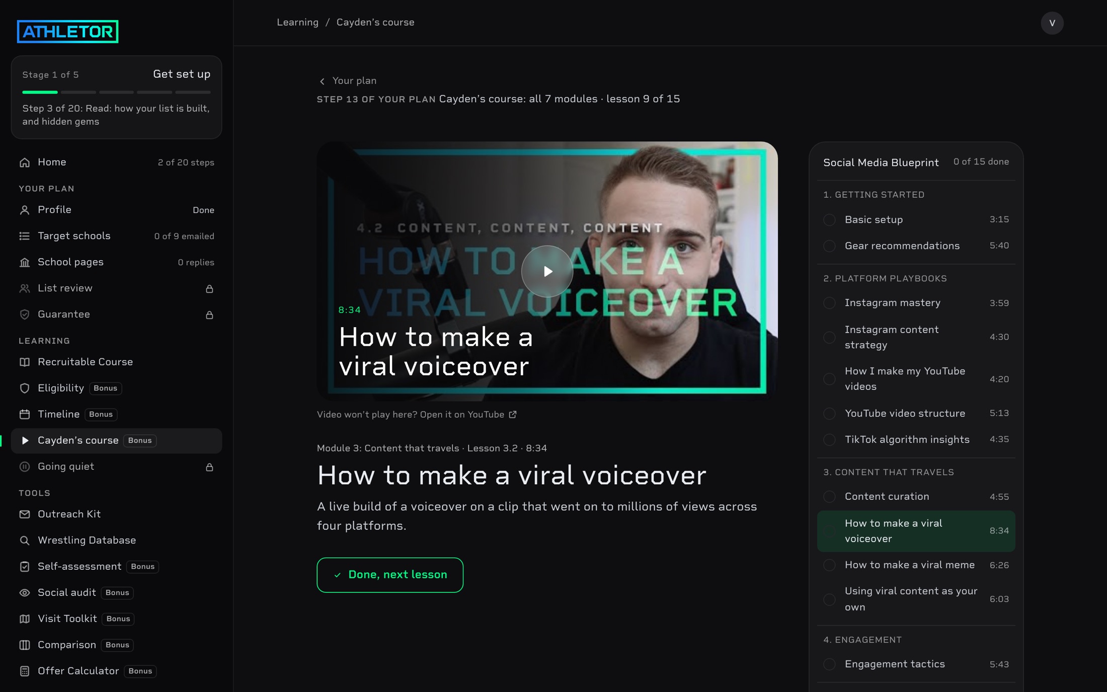 A lesson from Cayden's course inside the Recruitable dashboard: How to make a viral voiceover, with the course outline beside the video