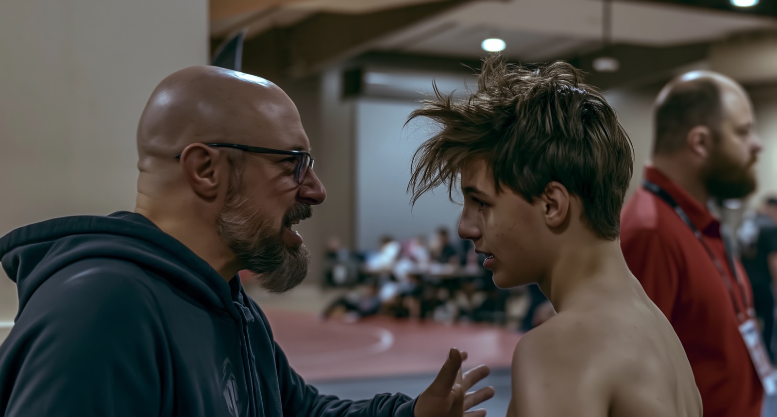 Mike Malinconico talking with his son Jack matside at a tournament